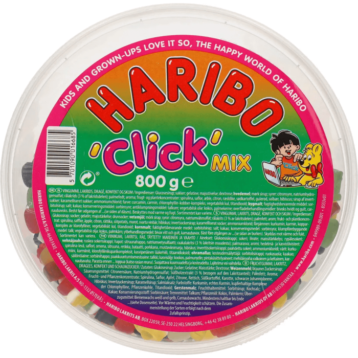 Haribo Click Mix 800g pose med frugtgummi, skumfiduser, lakrids og dragéer