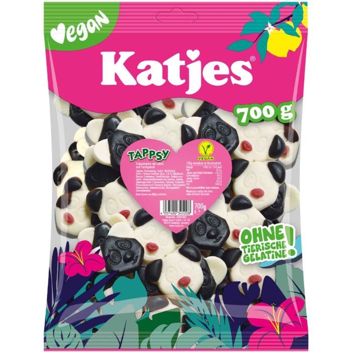 Katjes Tappsy 700g Pandagesichter aus Schaumzucker mit Lakritz und Fruchtgummi-Nasen Katjes Tappsy 700g Pandagesichter aus Schaumzucker mit Lakritz und Fruchtgummi-Nasen